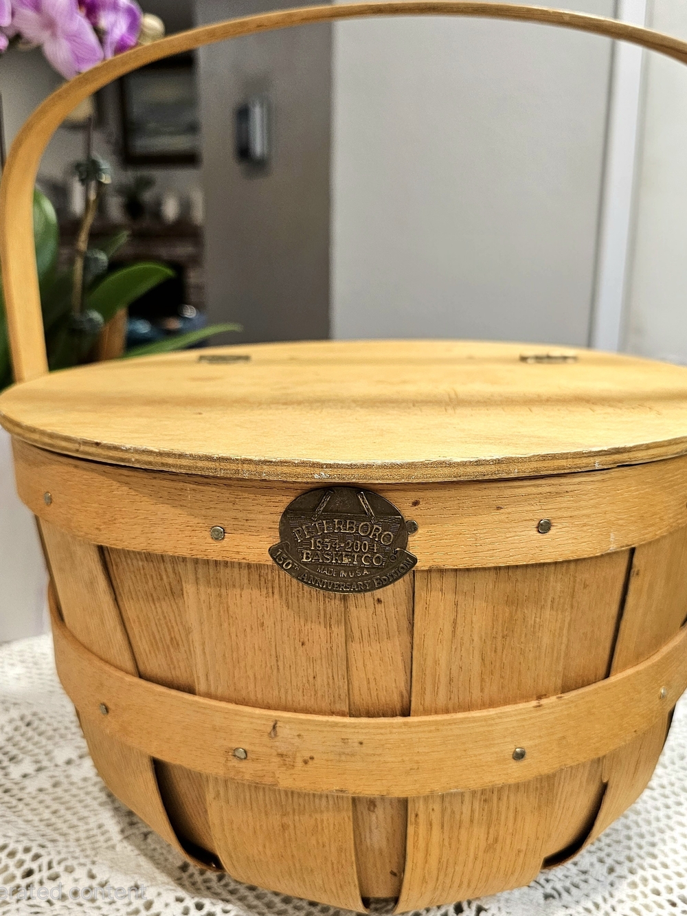 Anniversary Edition Natural Wood Gathering Basket with Lid Peterboro 1854-2004